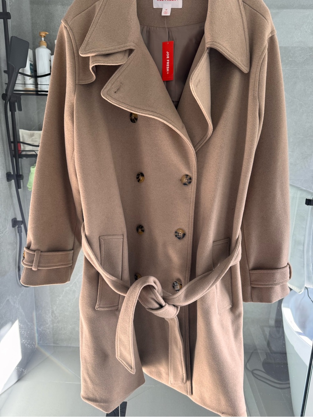 Joe Fresh Women's Double-Breasted Tan Peacoat With Tie Waist